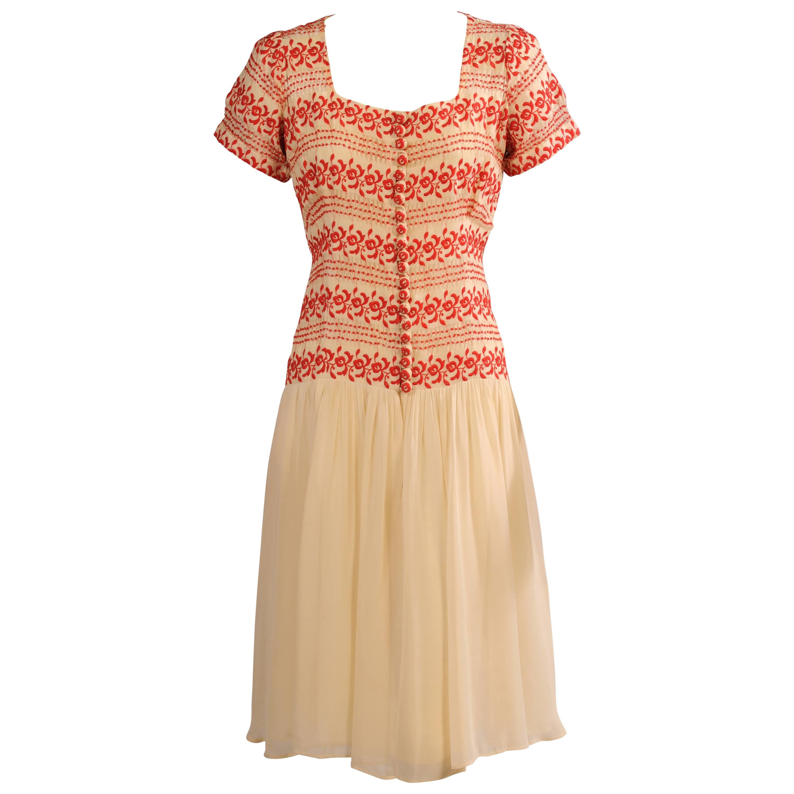 1930's Vintage Red and Cream Embroidered Dress