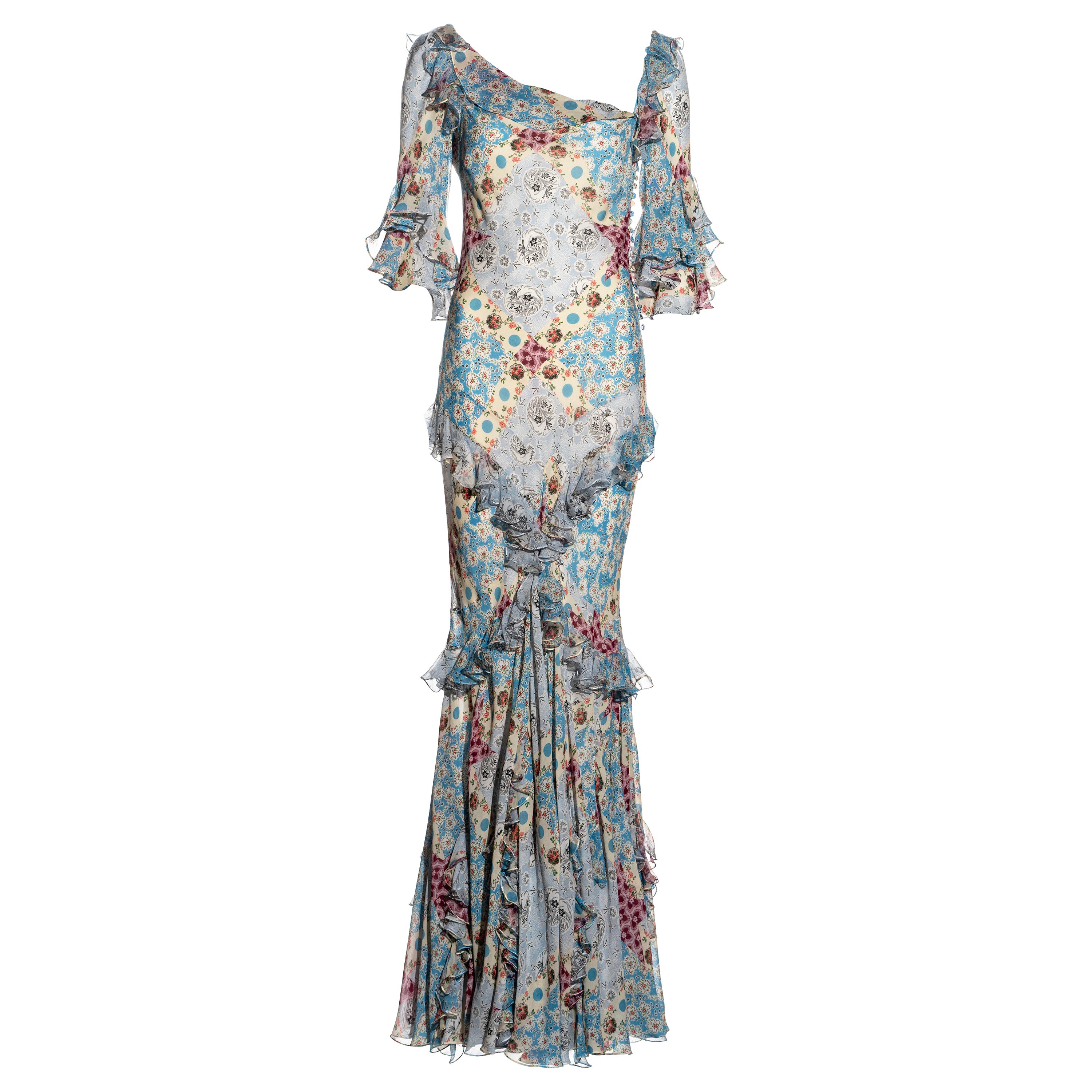 John Galliano floral printed silk chiffon bias cut evening dress, fw 2002