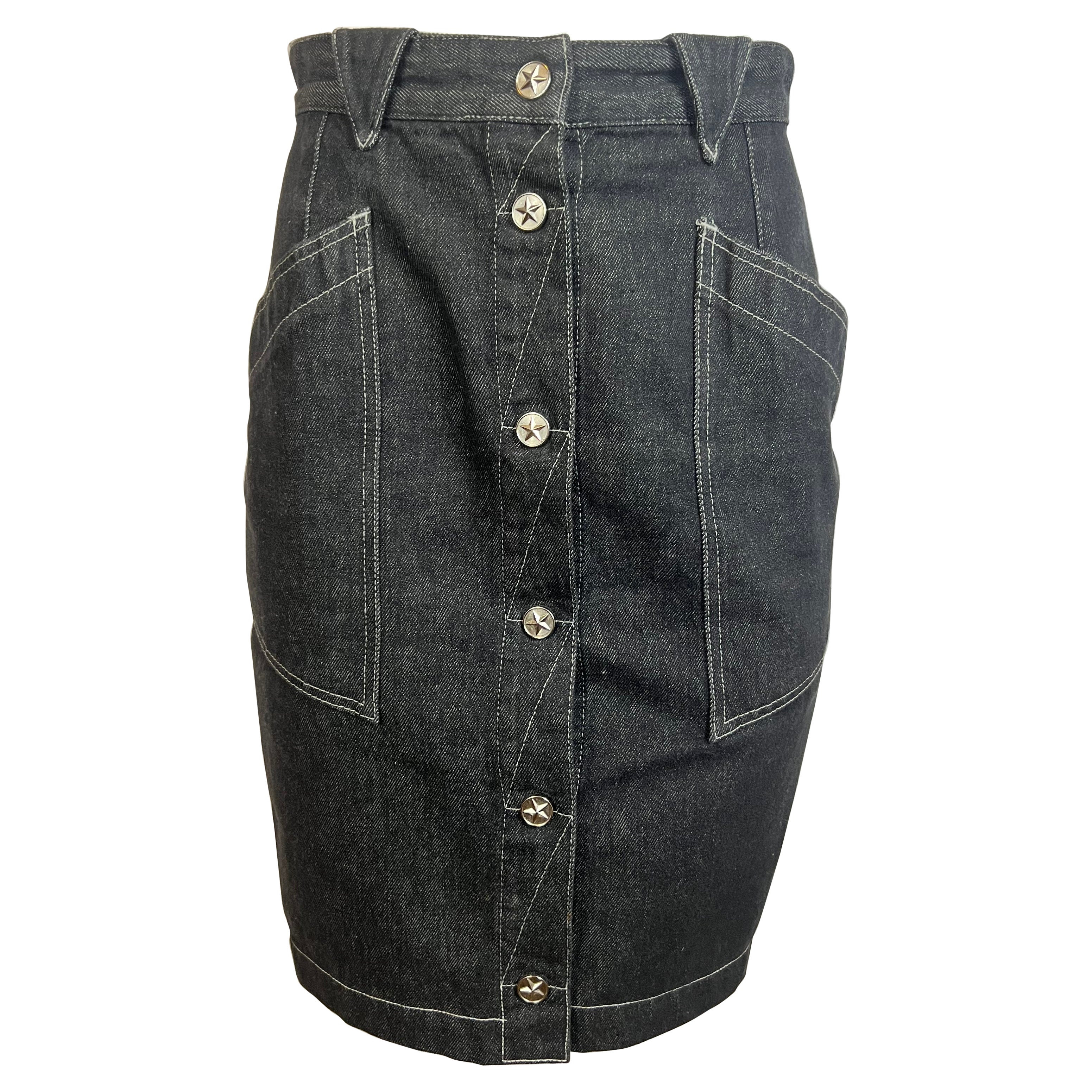 Thierry Mugler Jeans Denim Midi Skirt, Size 42 For Sale