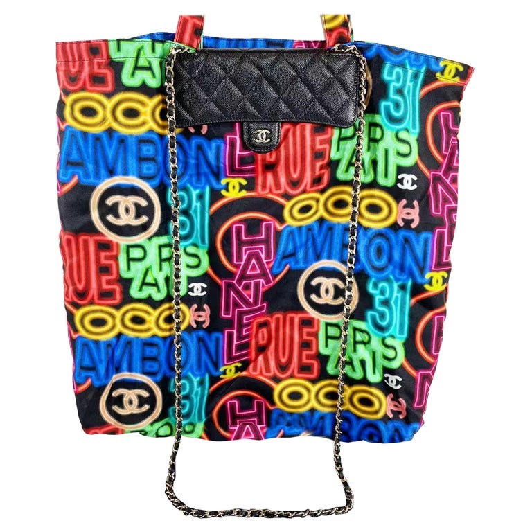 Chanel Black Multicolor Graffiti Printed Fabric Foldable Chain Tote Bag