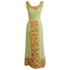 Vintage Colorful Raffia Embroidered Green Linen Two Piece Dress