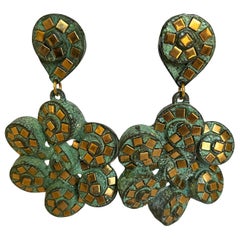 XL French Green Brass Mosaic Statement Earrings 