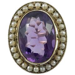 Antique Victorian Amethyst and Pearls Brooch Conversion Gold Ring - Late 19th Century