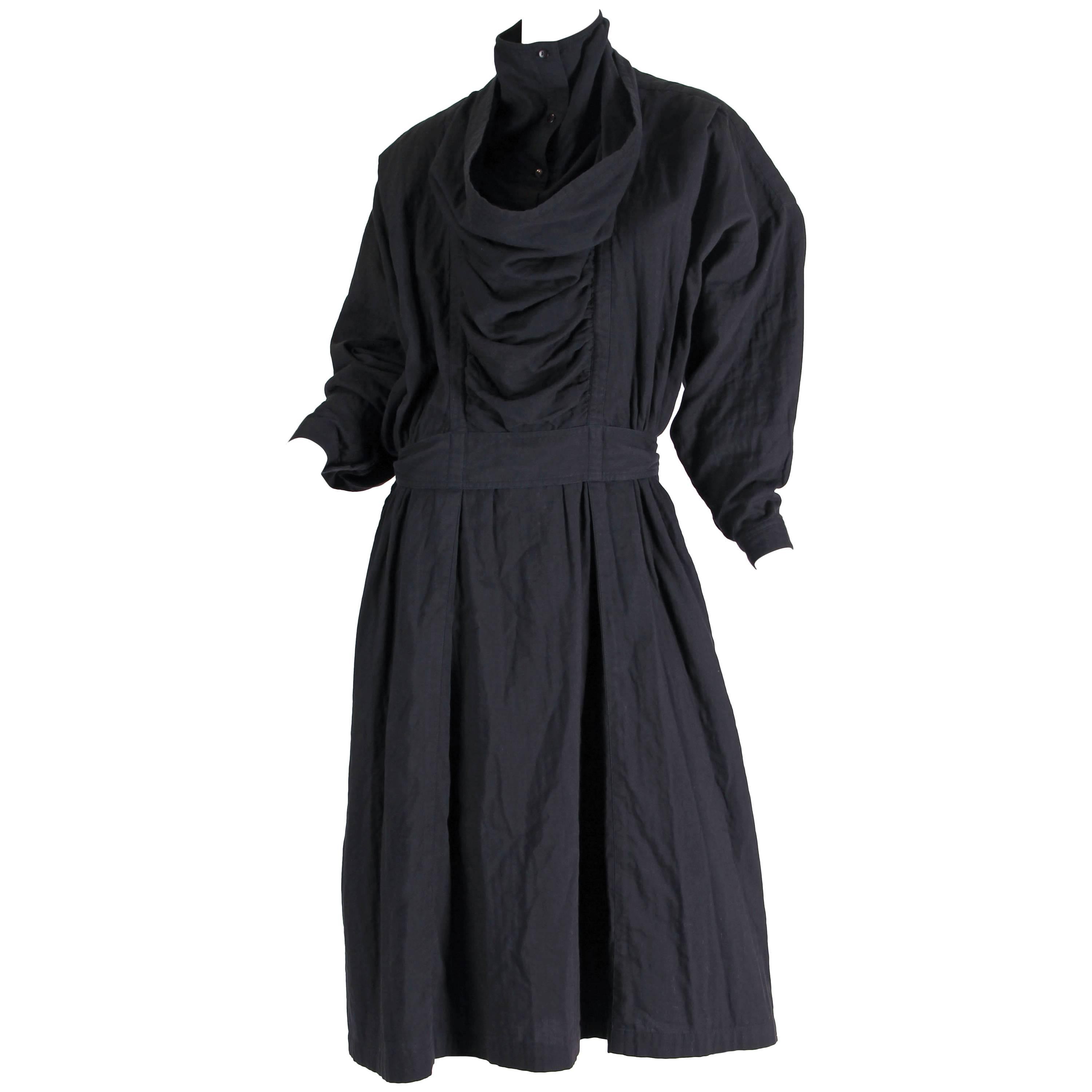 1980S ISSEY MIYAKE Black Cotton Dress With Draped Neck & Sleeves