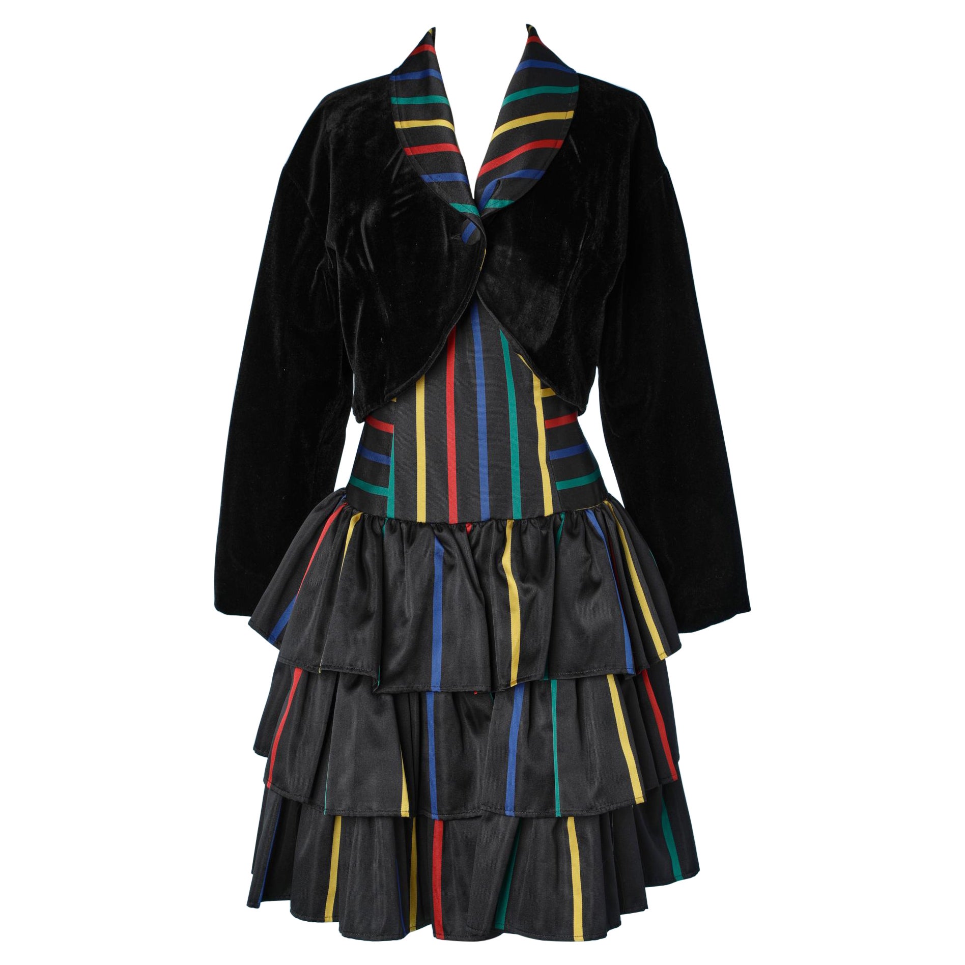 Boléro and dress ensemble with black velvet and stripes  Popy Moreni  For Sale