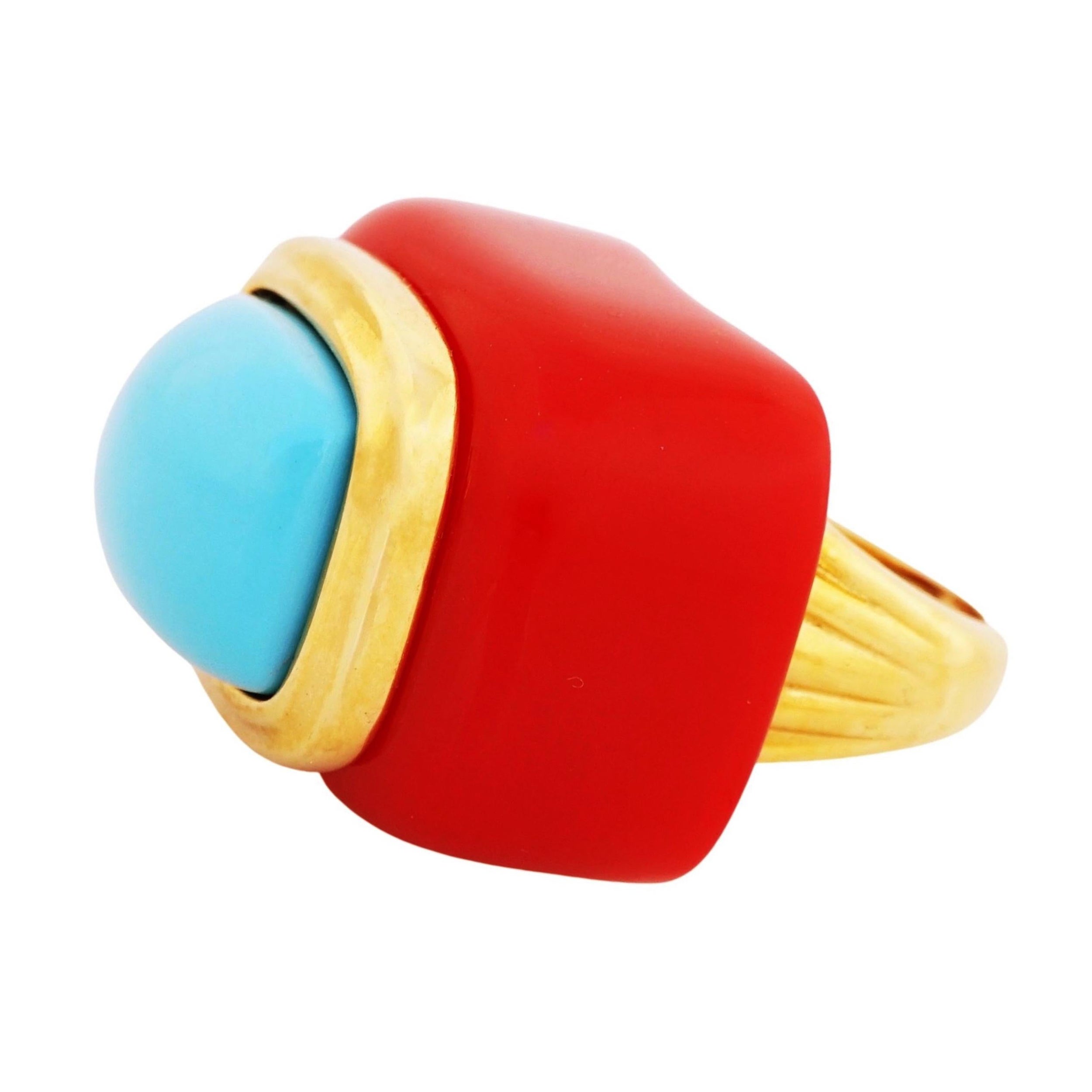 70s Massive Red & Turquoise Resin Statement Ring (Size 6.5) By Kenneth Jay Lane