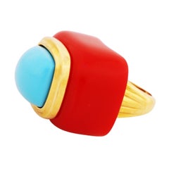 70s Massive Red & Turquoise Resin Statement Ring (Size 6.5) By Kenneth Jay Lane