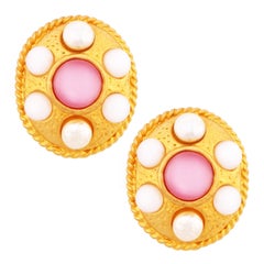 80s Oversized Gold Medallion Earrings w Pink Moon Glow & Baroque Pearl Cabochons