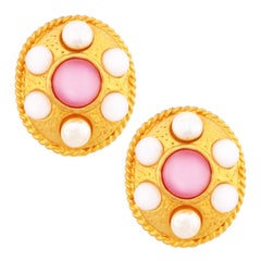 Vintage 80s Oversized Gold Medallion Earrings w Pink Moon Glow & Baroque Pearl Cabochons