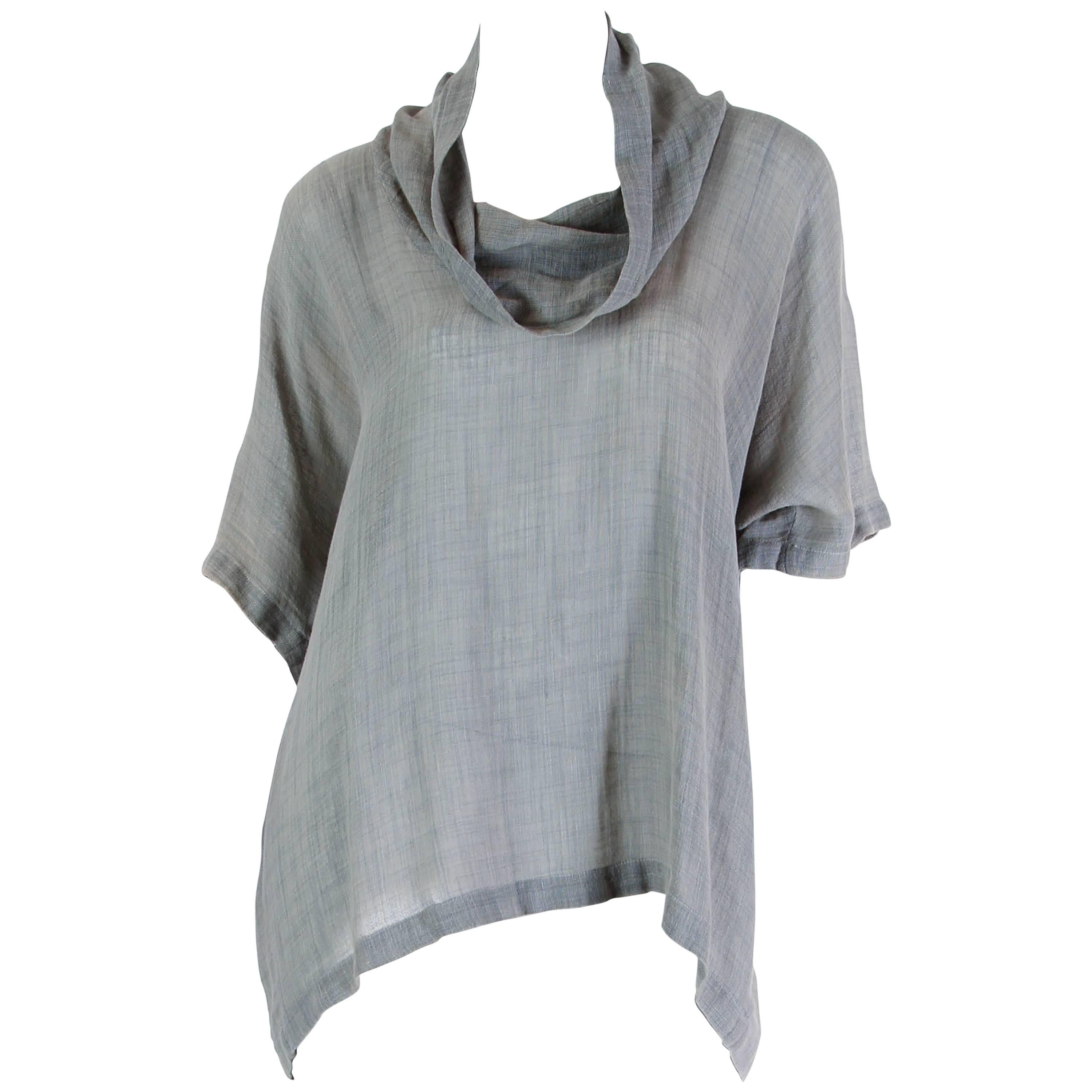 1970S ISSEY MIYAKE Grey Linen & Wool Oversized Cowl Neck Top