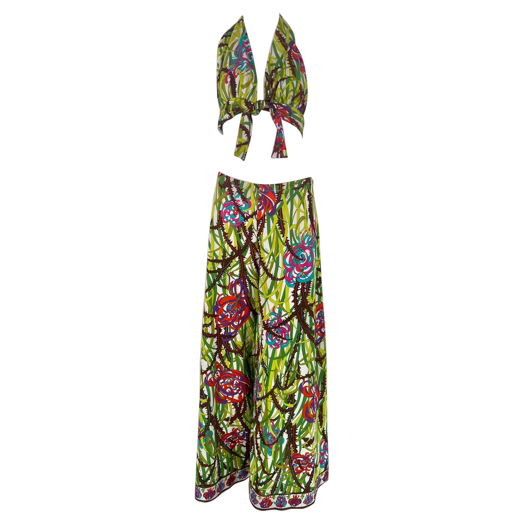 Emilio Pucci, pigiama da spiaggia in jersey di cotone stampato, pantalone e reggiseno 4/15/1975 in vendita