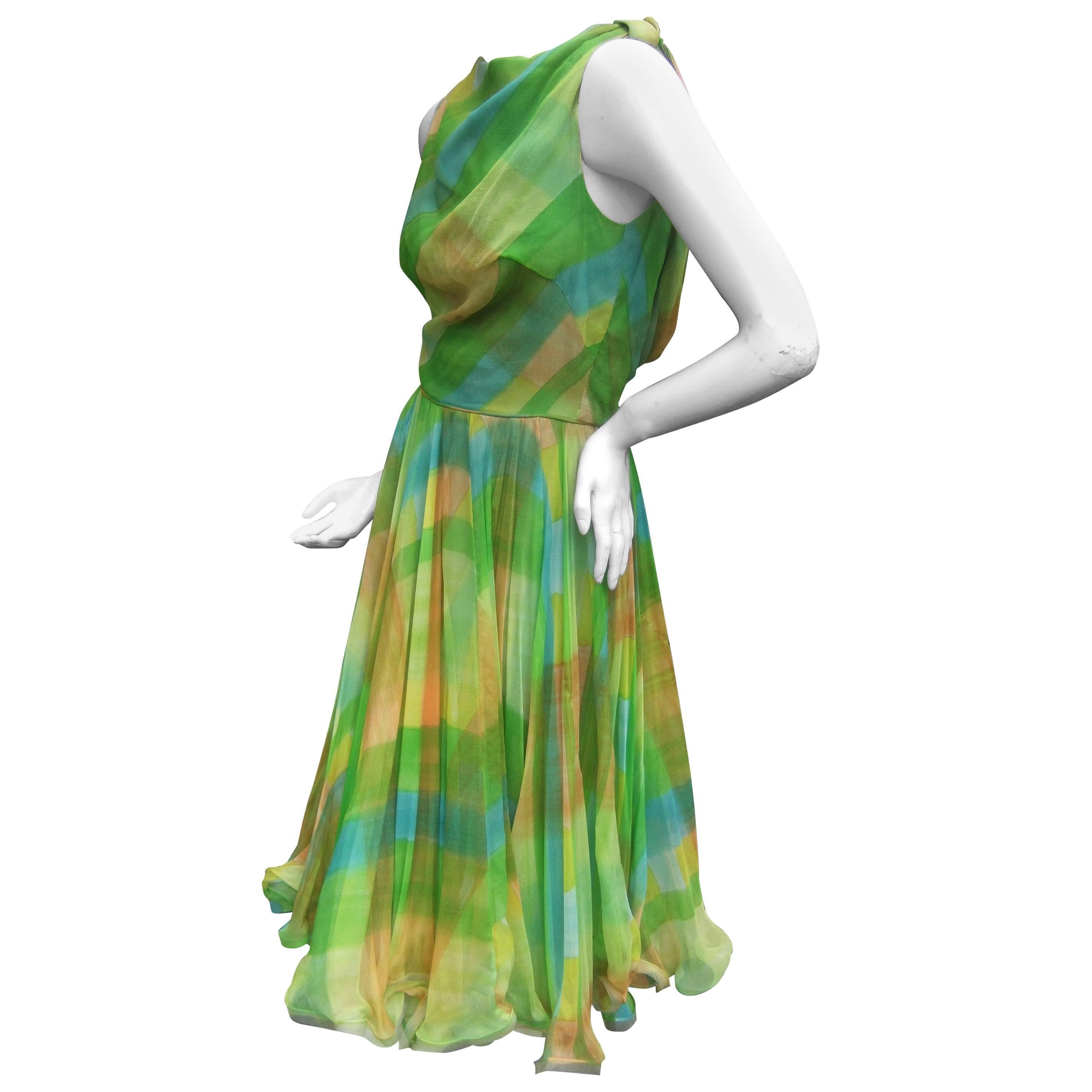 1960s Vibrant Sheer Silk Chiffon Swing Dress ca 1960