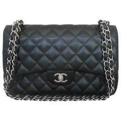 Chanel Black Lambskin Double Flap Jumbo Classic Handbag-SHW- 2010
