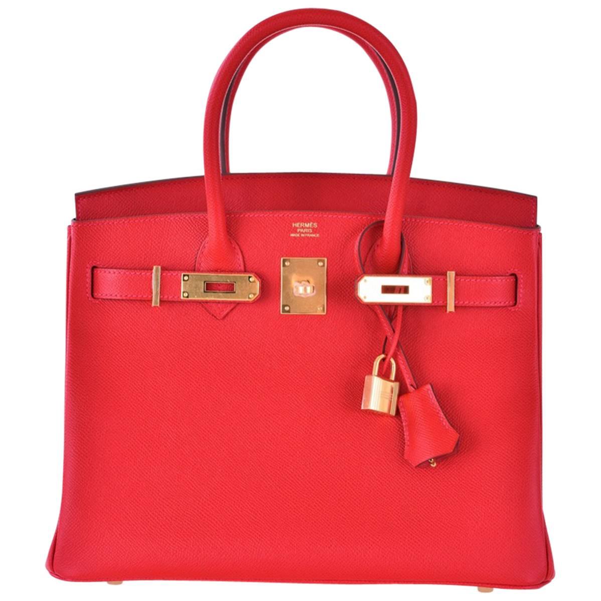 Borsa Birkin Hermes 30cm Rouge Casaque con Hardware Oro Epsom JaneFinds in vendita