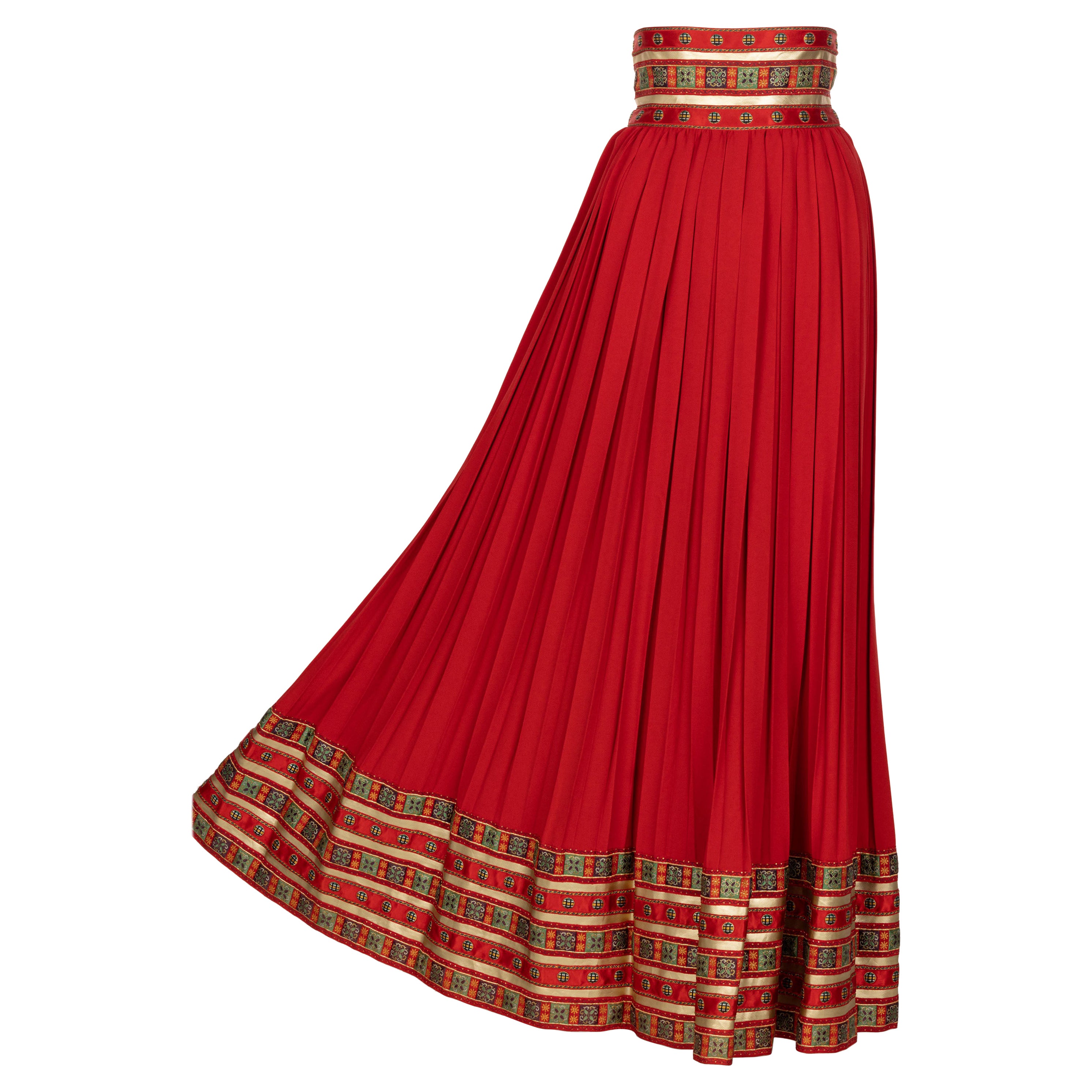 Lanvin Jules-François Crahay Demi Couture Red Pleated Brocade Maxi Skirt 1970s For Sale