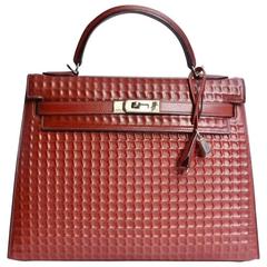 Hermes Kelly 32cm Rouge H Waffle Sellier Palladium Hardware JaneFinds