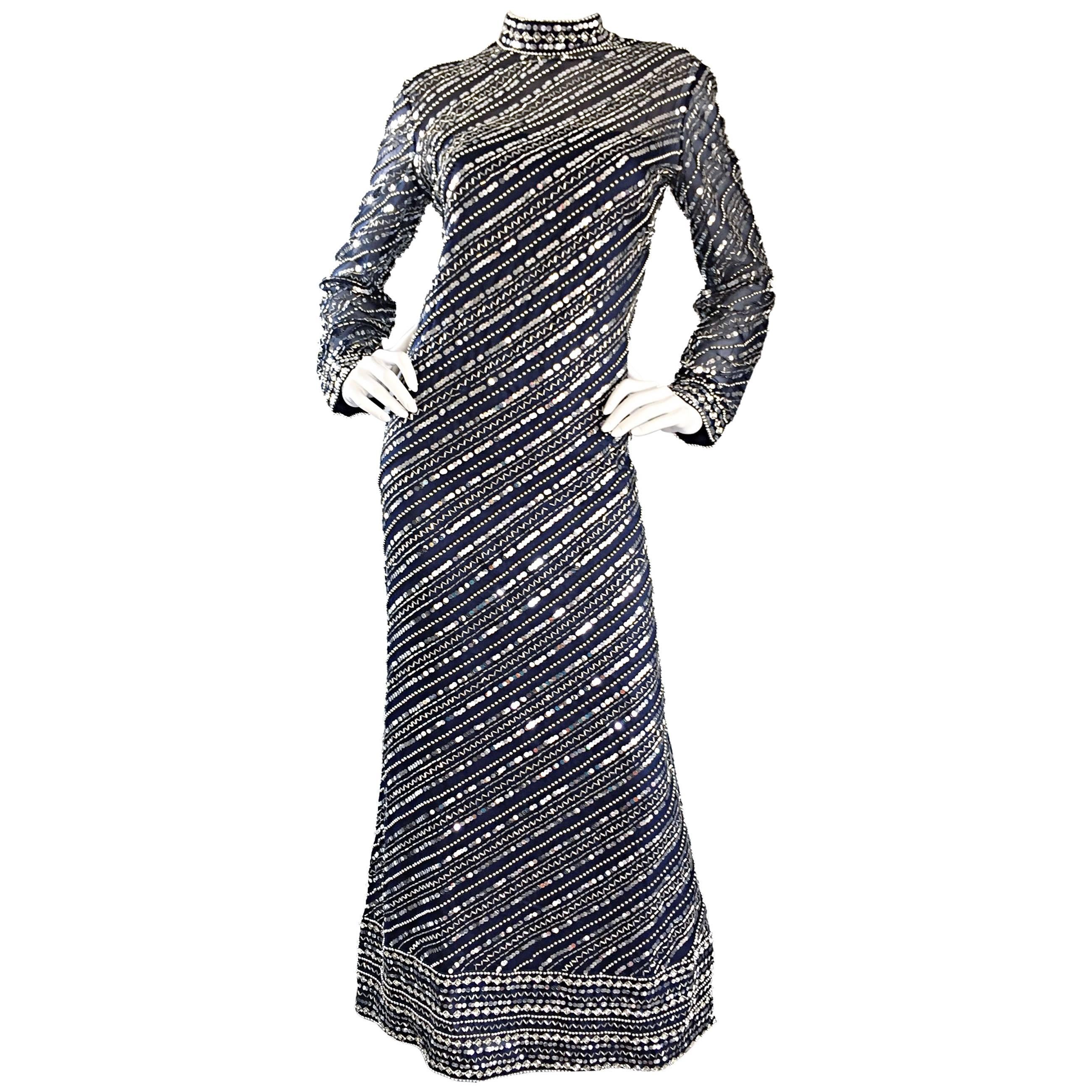 Beautiful 1960s Bill Tice for Malcolm Starr Navy Blue Silk Sequin Beaded Gown