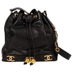 Vintage Chanel Black Lambskin Logo Leather Bucket Bag