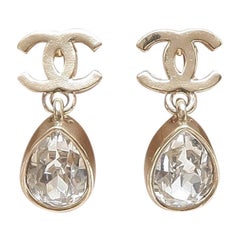 CHANEL Crystal CC Ball Drop Earrings Gold Blue 1311623