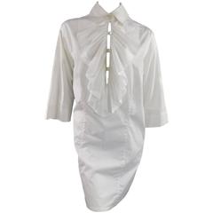 CHANEL Size 10 White Cotton Equestrian Ruffle Collar Shirt Dress