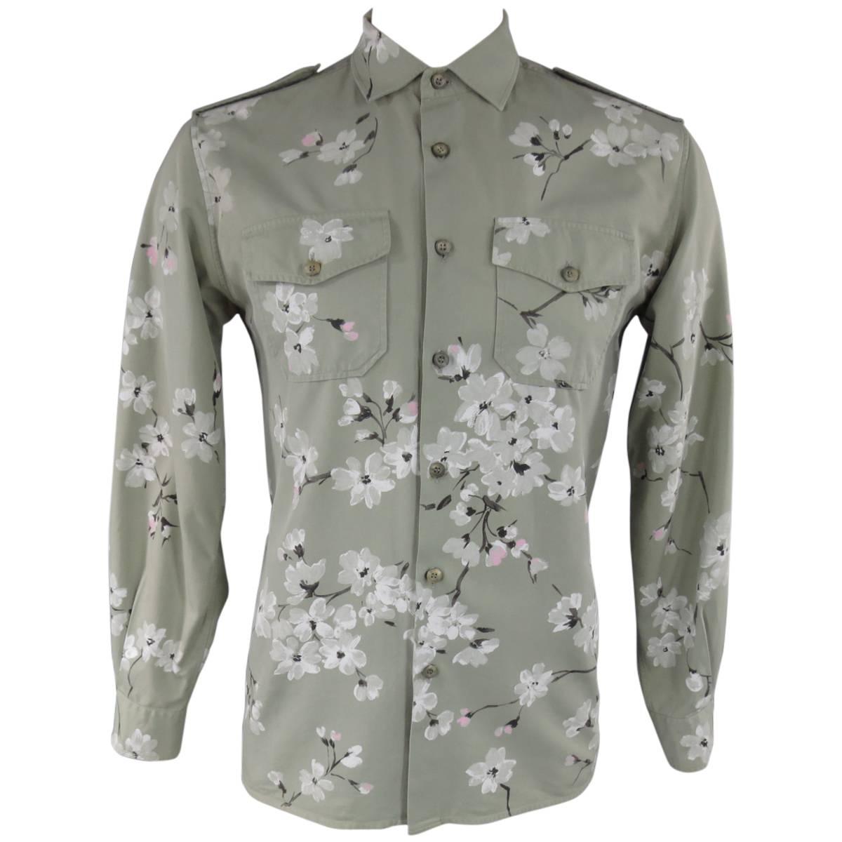 GUCCI Size M Green Painted Blossom Cotton Long Sleeve Shirt Spring 2003