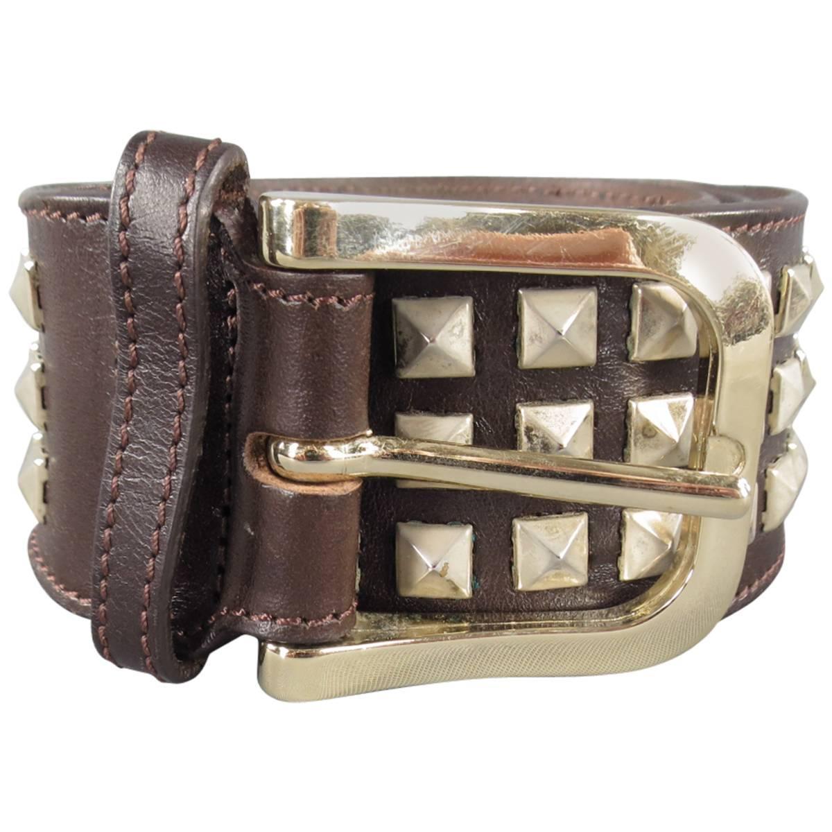 BURBERRY Size 40 Brown Leather Pyramid Studded Belt For Sale at 1stdibs