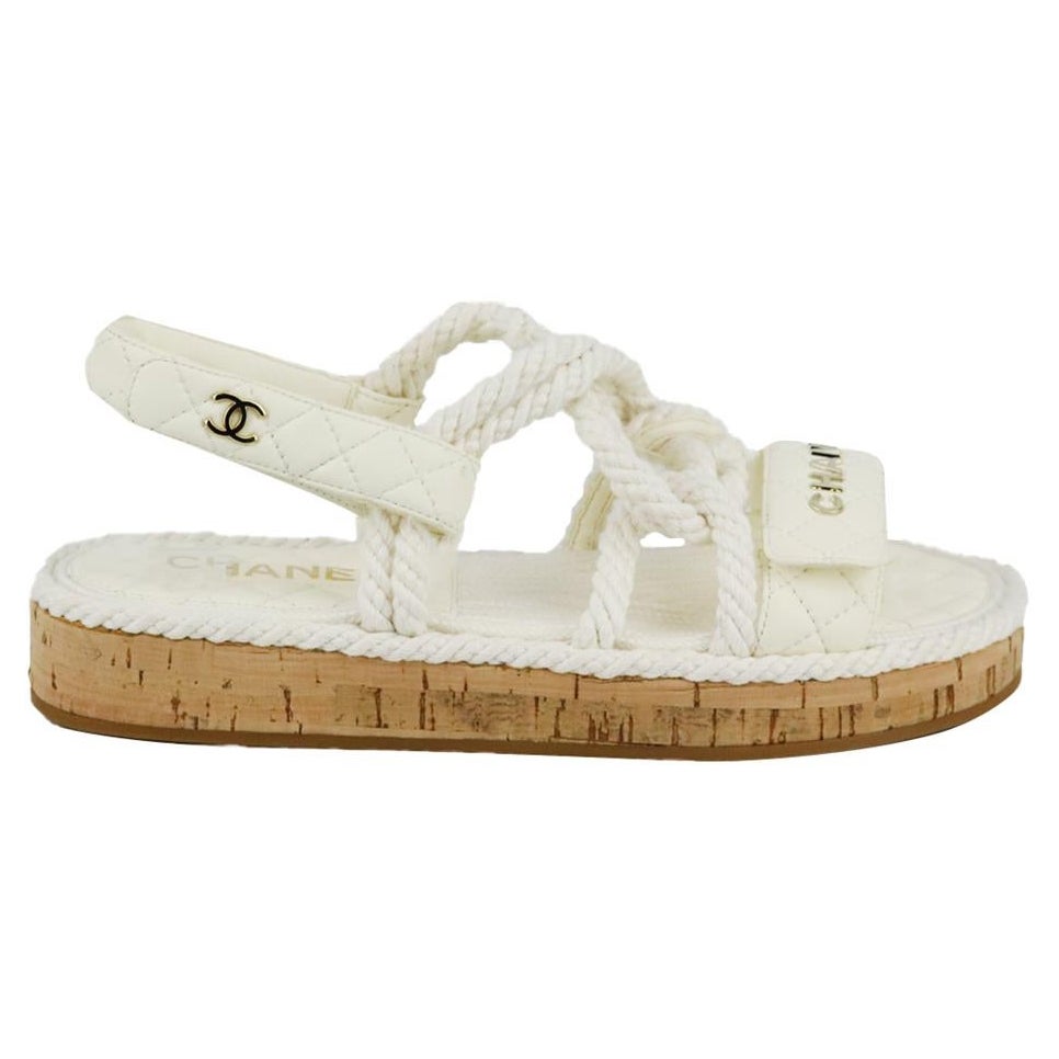 CHANEL beige 2021 LEATHER and ROPE DAD Flat Sandals Shoes 40 at