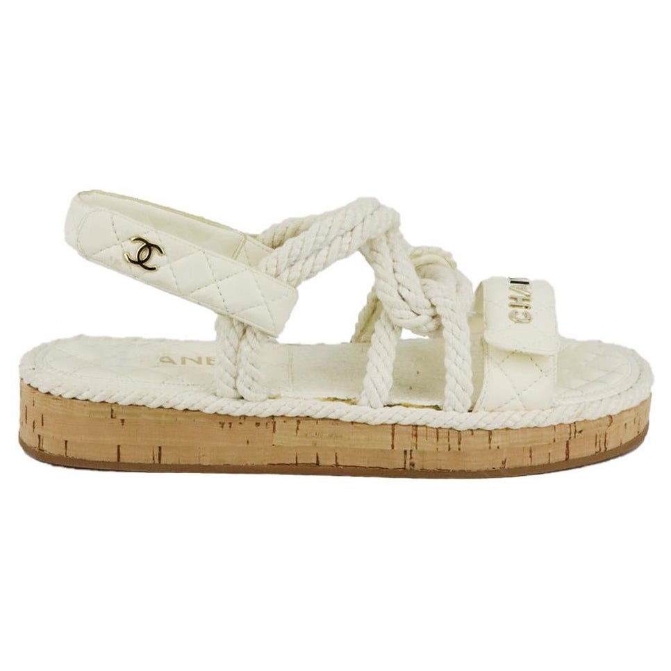 CHANEL beige 2021 LEATHER and ROPE DAD Flat Sandals Shoes 40 at 1stDibs