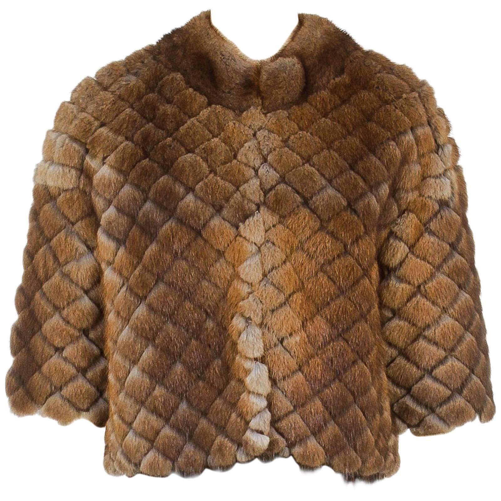 J. Mendel Brown Quilted Muskrat Fur Jacket (Size 12) For Sale