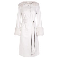 Verheyen Aurora Hooded Leather Trench Coat in White with Faux Fur - Size uk 12 