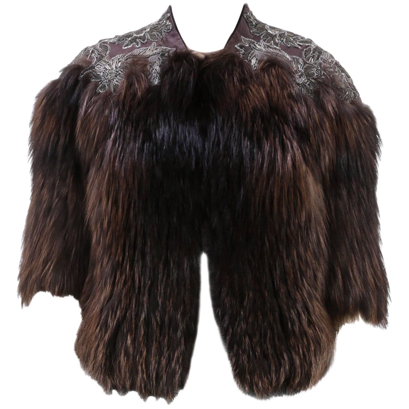 Roberto Cavalli Brown Multicolor Half Sleeve Beaded Shoulder Crop Fur Coat (Size For Sale