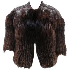 Roberto Cavalli Brown Multicolor Half Sleeve Beaded Shoulder Crop Fur Coat (Size