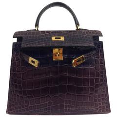 Brand New Hermes Kelly 15 Prune Shiny Crocodile Alligator GHW