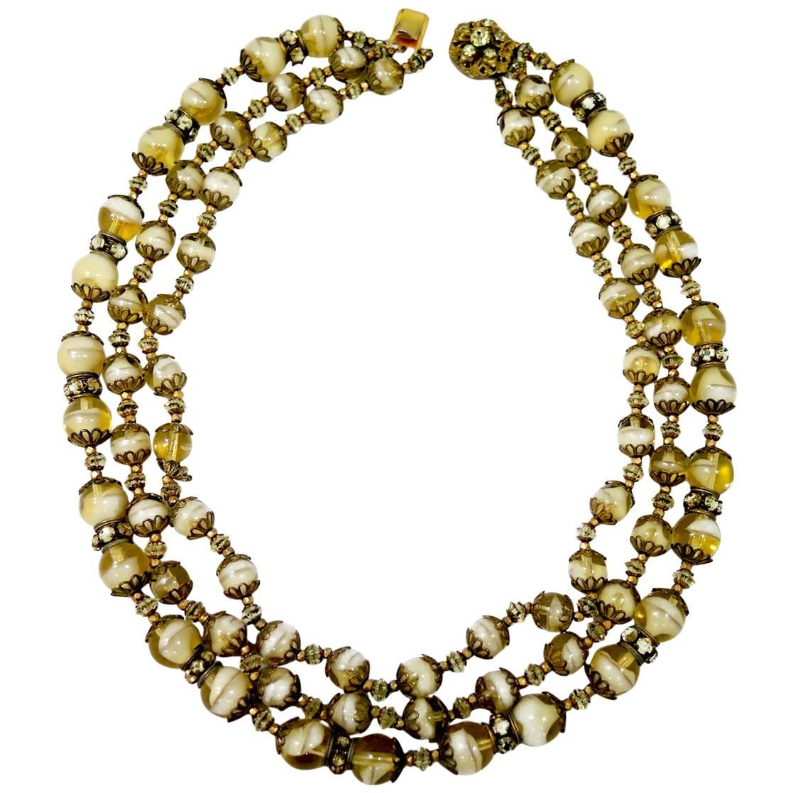 Miriam Haskell Vintage Three Strand Glass Bead Necklace, 1950s   For Sale