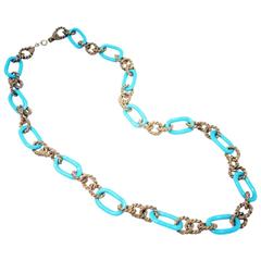 Vintage Very Famous 1950s Signed Miriam Haskell Turquoise Glass Link Chain Neckl