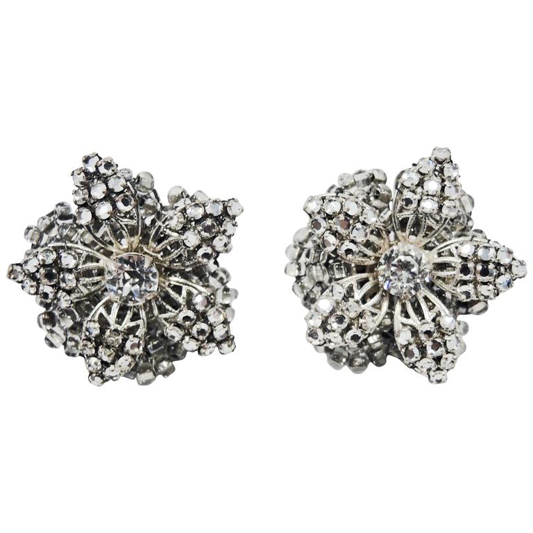 Vintage Miriam Haskell Floral Crystal Earrings For Sale at 1stdibs