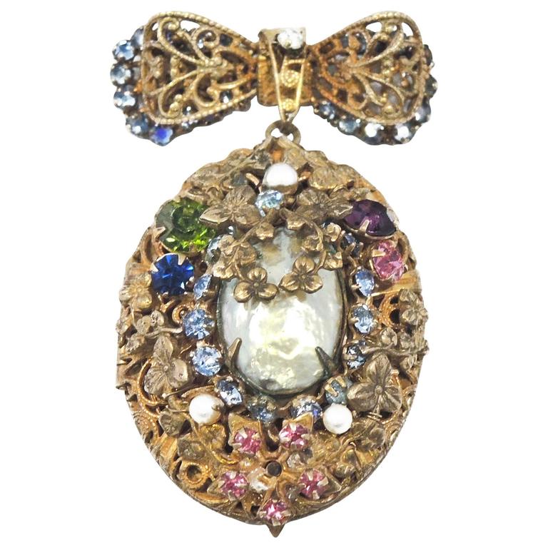 Vintage Rare 1950s Miriam Haskell Locket Brooch Pin For Sale at 1stdibs