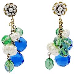 Vintage Original Signed Miriam Haskell Blue, Green & Faux Pearl Earrings