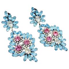 Large  Kenneth Jay Lane Blue & Pink Rhinestone Earrings