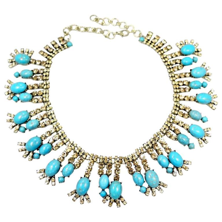 Vintage Faux Turquoise And Rhinestone Necklace at 1stDibs