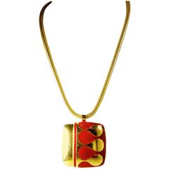 Vintage 1960s Signed Lanvin Paris Red Enamel Pendant Necklace