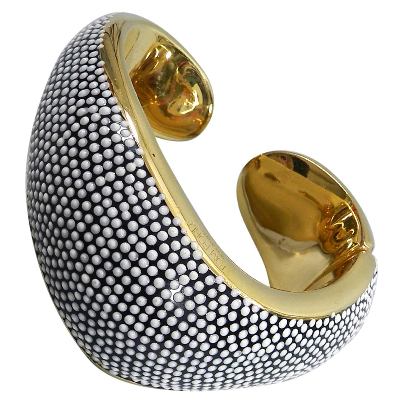 Tom Ford Gold Hinged Bracelet with Black and White Enamel