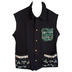 Designer Fringe Sleeveless Jacket Vest Black Green Lurex J Dauphin Medium