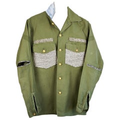 Used Designer Military Jacket Green Silver Sequin White Tweed J Dauphin Small