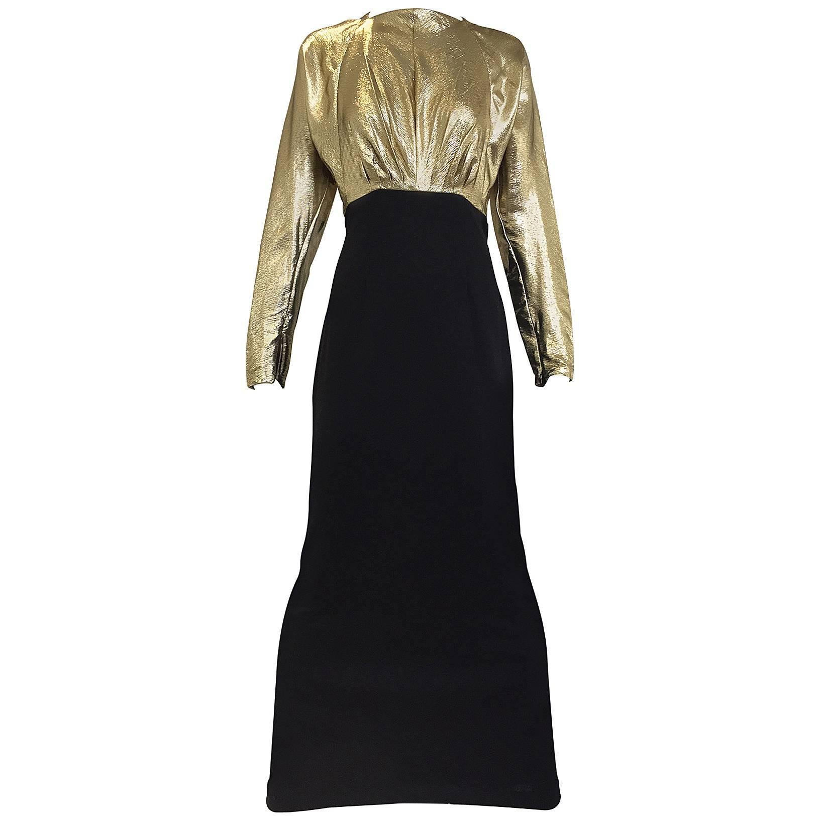 Vintage Geoffrey Beene gold lamé and black jersey wool 80s dress