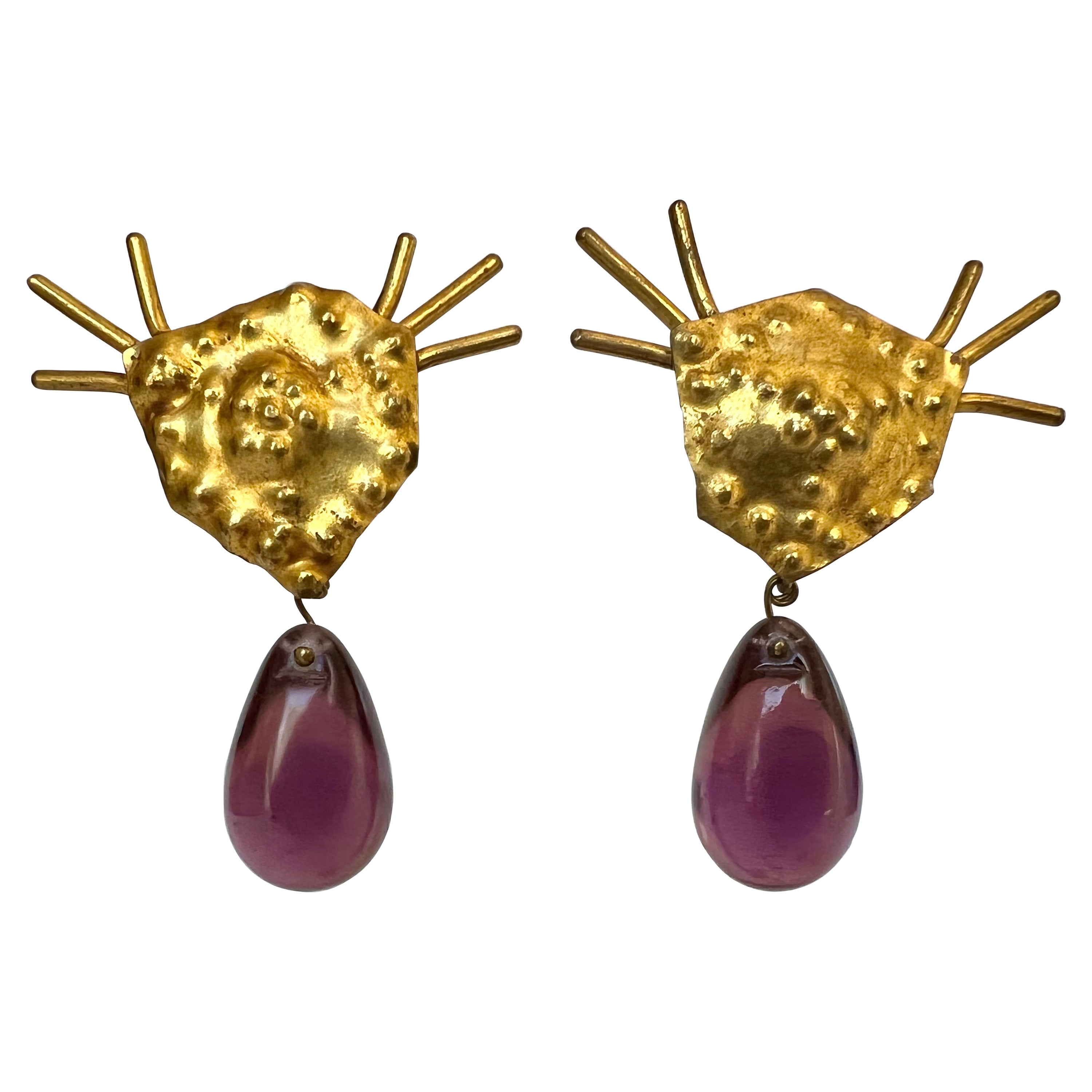 Herve Van Der Straeten Vintage Hammered Gilt Purple Glass Earrings 