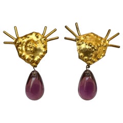 Herve Van Der Straeten Retro Hammered Gilt Purple Glass Earrings 