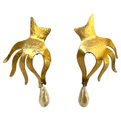 Herve Van der Straeten Vintage Gilt Hand Pearl Drop Statement Earrings