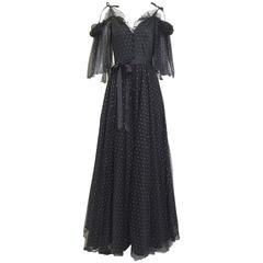 70s Frank Usher black lace and gold dots off shoulder maxi gown