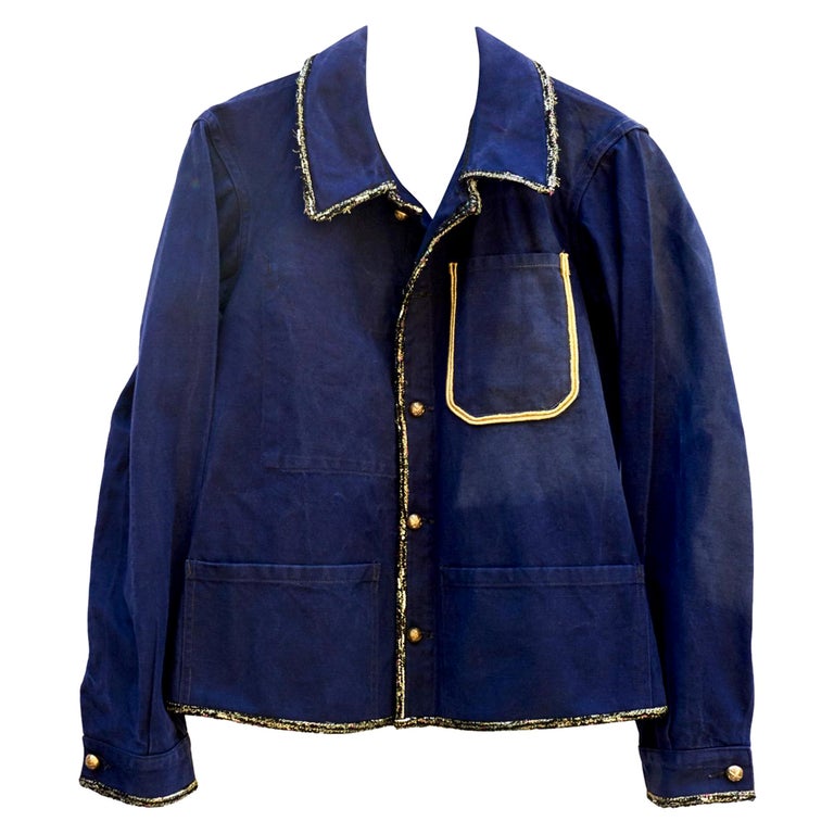 J Dauphin - Veste bleue française ornée de boutons en tweed lurex noir et  or - En vente sur 1stDibs